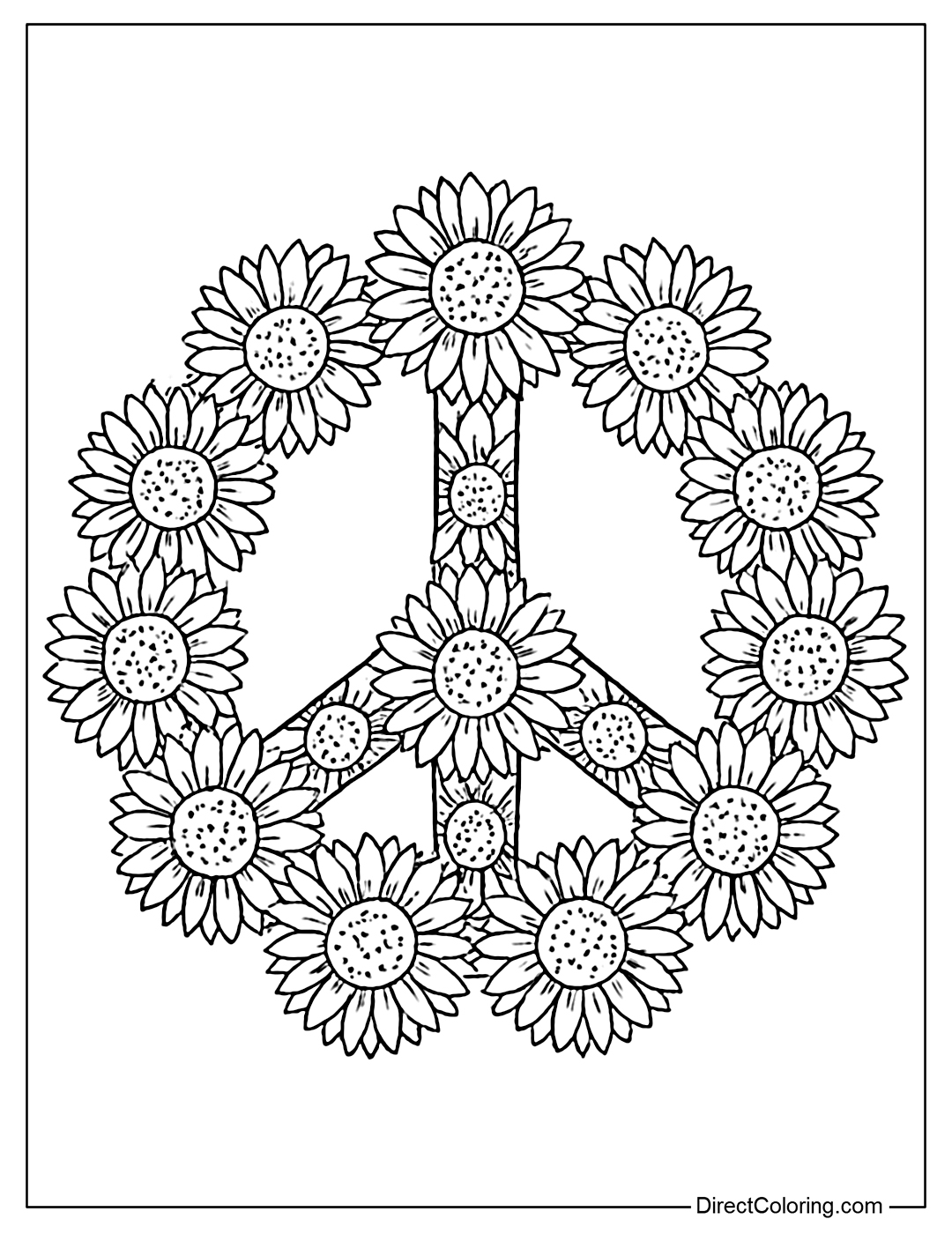 oloring page of a peace symbol made from sunflower petals